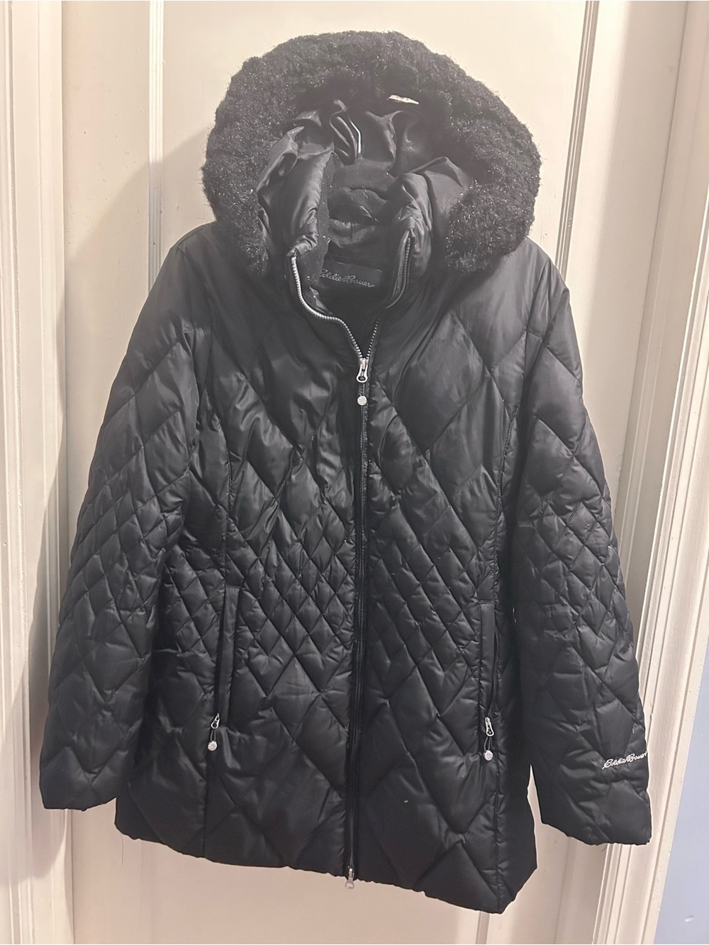 Eddie Bauer Black Quilted Hooded Puffer Jacket with Faux-Fur Trim Down Filled